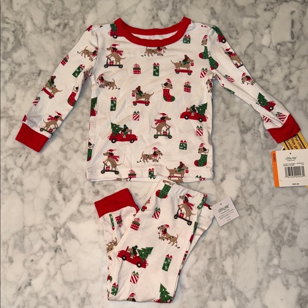 NWT Little Me Kids Holiday Dog Pajamas - Red and White 12M